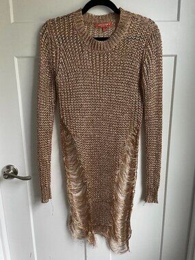 Thirty 6 Point 5 Metallic Open Knit Gold Distressed Fringe Y2K Sweater Dress M/L